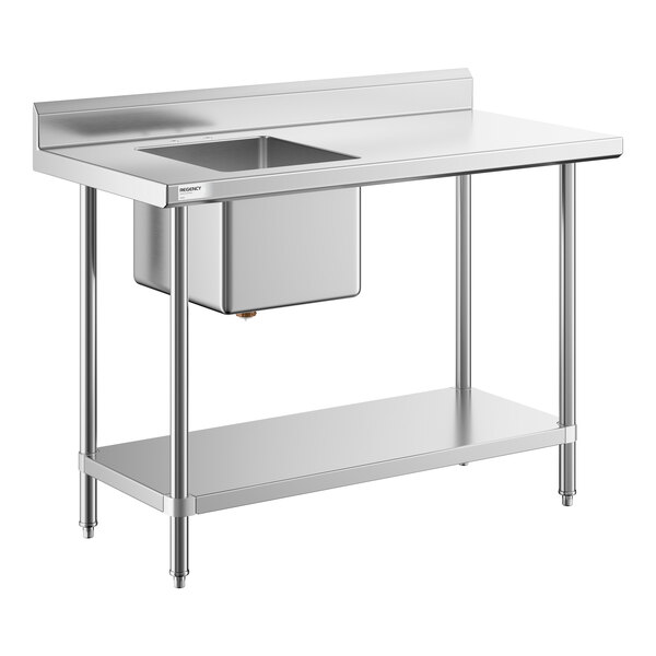 A stainless steel work table with a left-side sink and an undershelf.