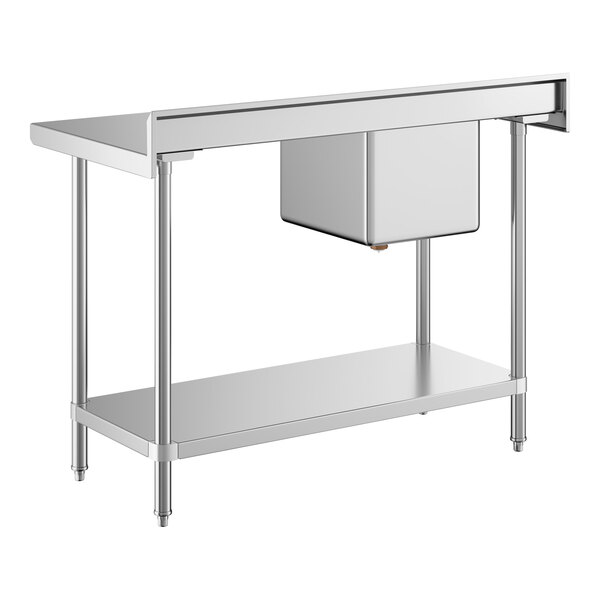 A stainless steel work table with a left-side sink and an undershelf.