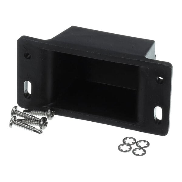 A black Cambro strike plate for a latch kit, shown with screws and washers.