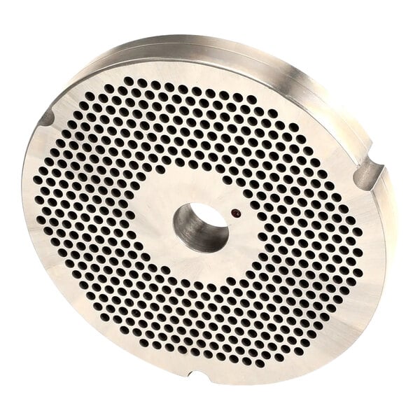 A round metal grinder plate with numerous small holes and a central opening, used for meat processing equipment.