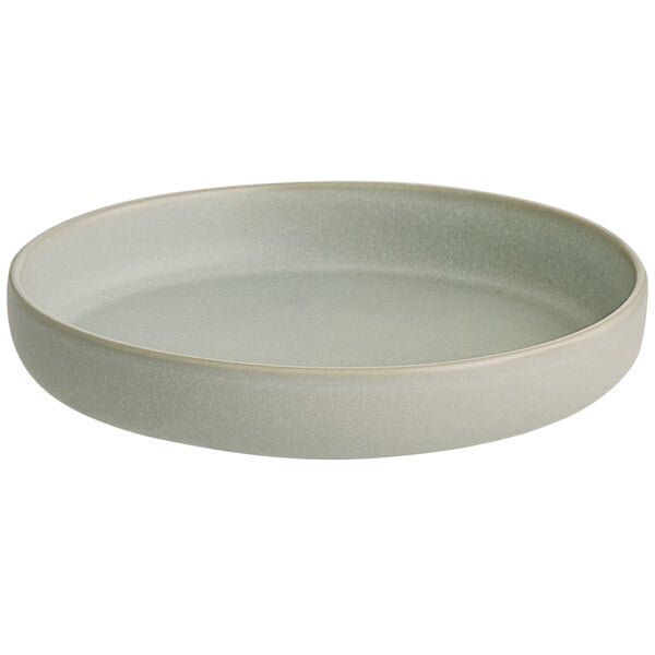 A round, shallow, ash gray bowl with a matte finish and slightly raised sides.