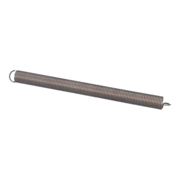 A long, coiled metal tension spring with hooks on both ends.