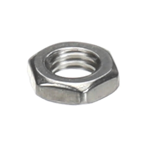 A metal hexagonal nut with internal threading.