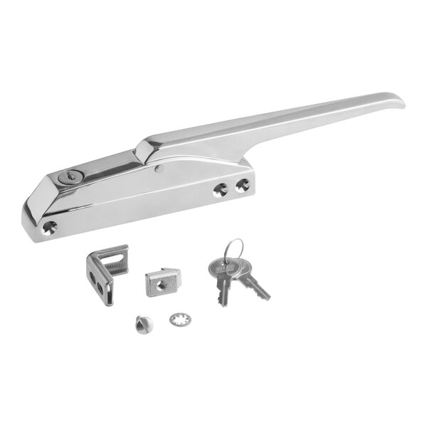 A silver metal Kason door latch with a straight handle and lock.