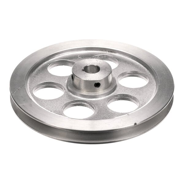 An aluminum pulley with a 9-inch diameter and 7/8-inch bore, featuring six circular cutouts.