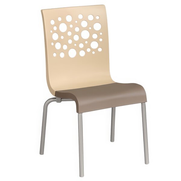 A Grosfillex outdoor restaurant chair with a beige and taupe design on the back and seat.