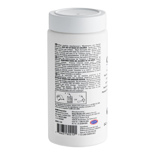 A white cylindrical container with a white lid, featuring multilingual safety and usage instructions, a barcode, and small icons on the label.