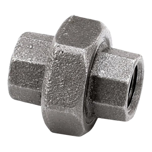 A metal pipe union fitting with a hexagonal center and threaded ends.