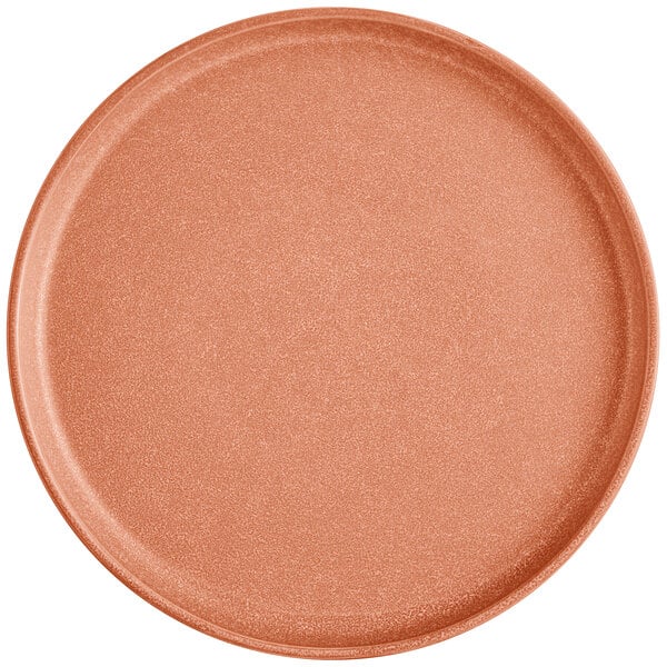 A round, terra cotta-colored plate with a matte finish and a slightly raised rim.