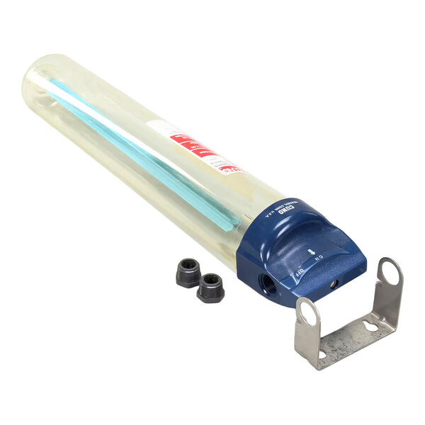 A transparent cylindrical water filter housing with a blue cap, two black fittings, and a metal mounting bracket.