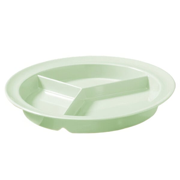 A green melamine plate with three compartments.