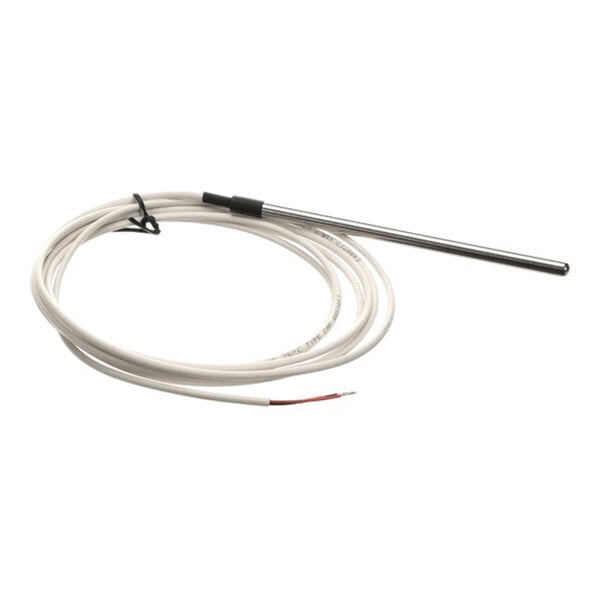 A temperature sensor with a long metal probe and attached white cable.