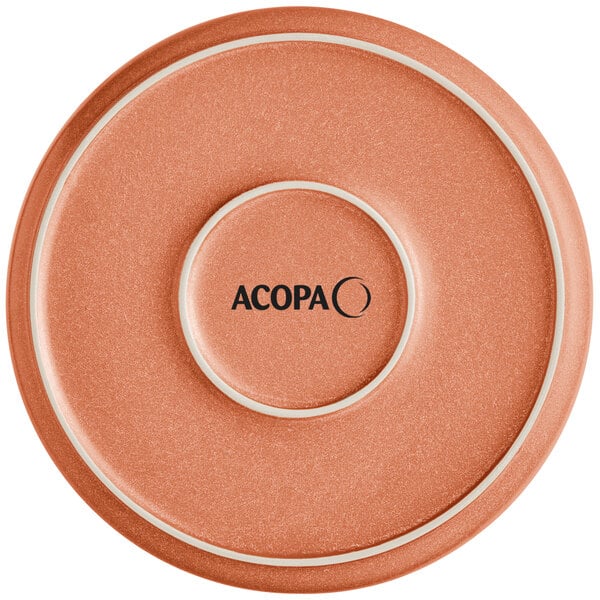 A round, terra cotta-colored plate with a matte finish and the word 'ACOPA' printed in the center.