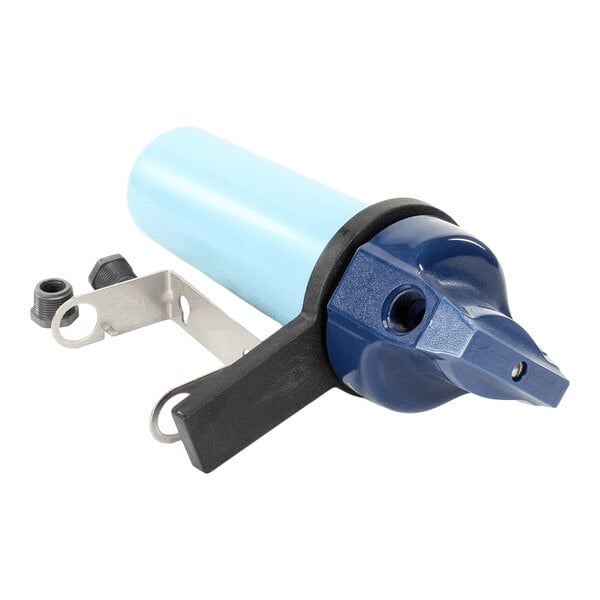 A blue and black 3M water filtration system housing with mounting bracket and fittings.