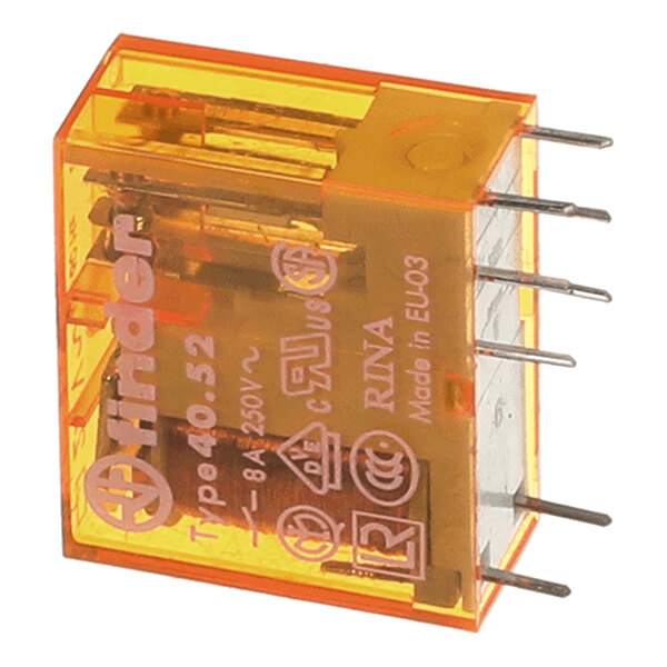 A DPDT relay with a transparent orange casing and multiple metal pins, labeled Finder Type 40.52, 24VAC, 8A 250V.