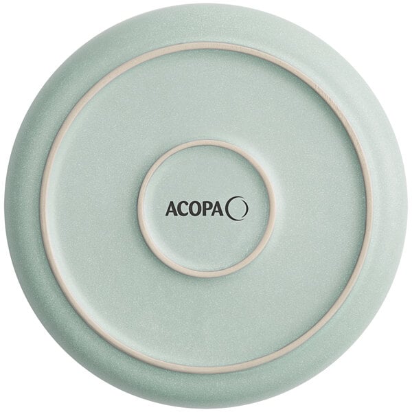 A round, light blue plate or bowl with a matte finish, viewed from the bottom, featuring the brand name 'ACOPA' in the center.