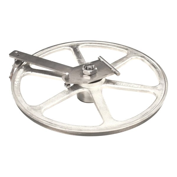 An upper wheel assembly with a hinge plate and six spokes, designed for use with Biro equipment.