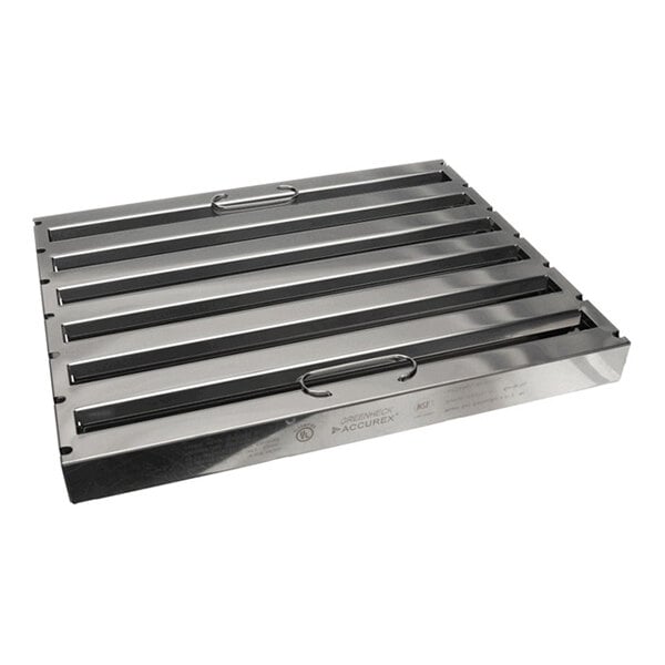 A stainless steel hood filter measuring 20 inches high by 16 inches wide by 2 inches thick.