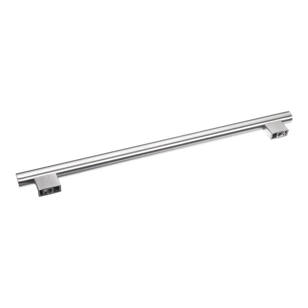 A stainless steel door handle with mounting brackets and included screws and hardware.