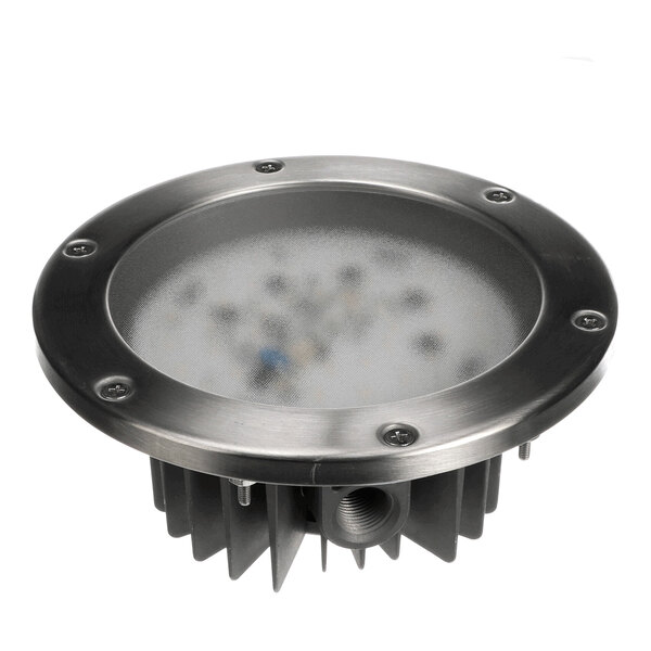 A round LED light fixture with a frosted lens and a metal housing, designed for installation in various settings.