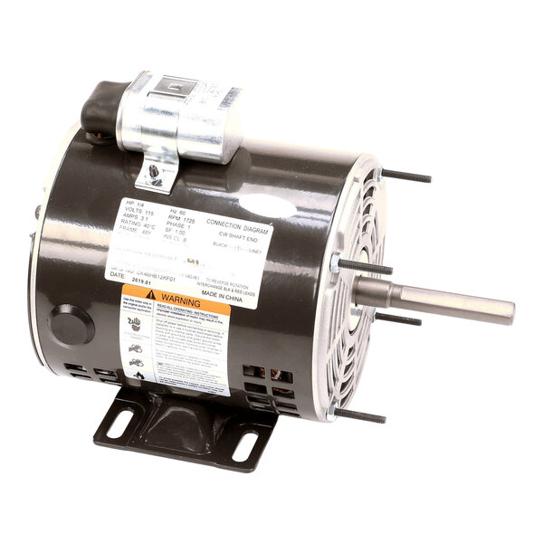 A cylindrical electric motor with a mounting base and attached capacitor, labeled as an Accurex 311338 Motor, model 48 Chikee CK48HB08KF14.