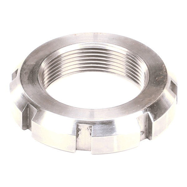 A metal auger drive shaft lock nut with internal threading and external notches.