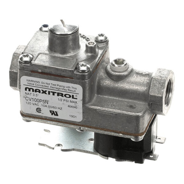 A metal solenoid valve labeled Maxitrol CV100P5N, used for controlling gas flow in HVAC systems.