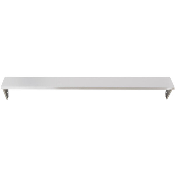 A white metal shelf with metal brackets.