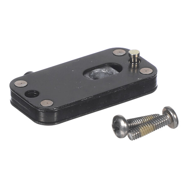 A rectangular black metal leveling plate with two screws, used for commercial display systems.