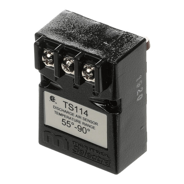 A black discharge air temperature sensor labeled TS114 with a temperature range of 55°-90°F.