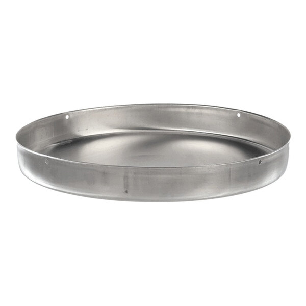 A round, shallow metal pan with a smooth surface and slightly raised edges.