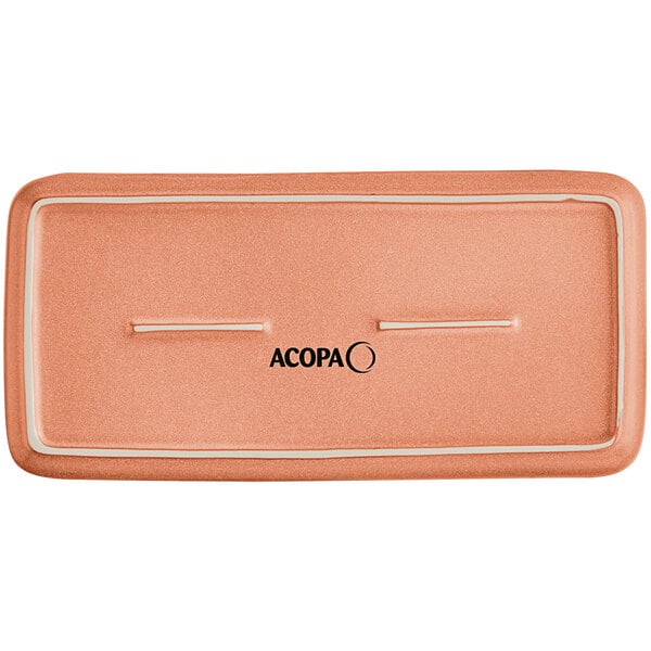 A rectangular, terra cotta-colored platter with a matte finish and the word 'ACOPA' printed in the center.