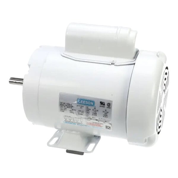 A white electric motor labeled as a Leeson brand, used for powering equipment such as the Biro BCC21-2A.