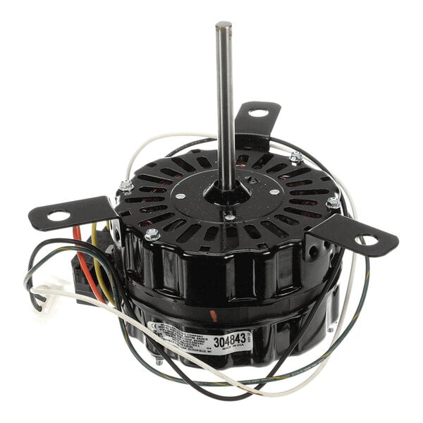 A black electric motor with a central shaft and attached wiring, designed for use in ventilation or HVAC systems.