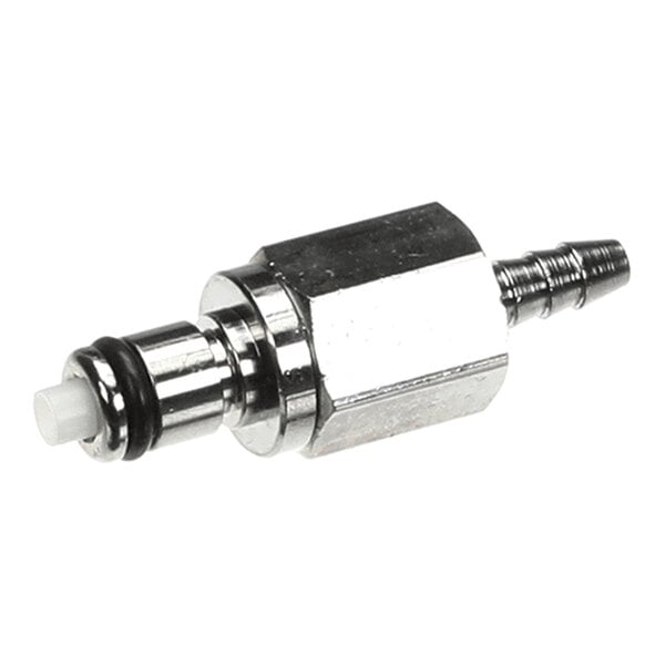 A metal male coupling quick disconnect fitting with a hexagonal body and O-ring seal.