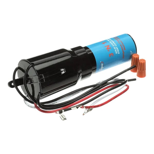 A hard start kit for a 1/3 horsepower compressor with attached wires and connectors.