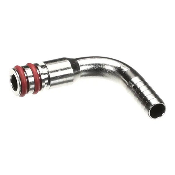 A stainless steel Cornelius fitting with a 1/4 inch barb and red O-rings.