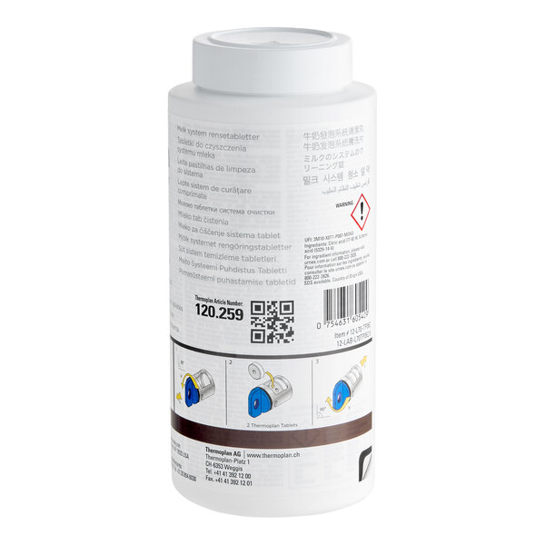 A white plastic jar with multilingual text, a barcode, safety warning, and illustrated instructions for use on the label.