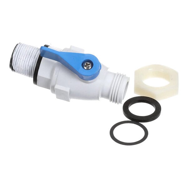 A universal drain valve kit with a white plastic valve, blue handle, and included washers and nut.