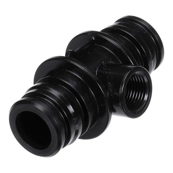 A black double-ended connector with a 3/8 inch NPTF threaded port, used for fluid or air connections.
