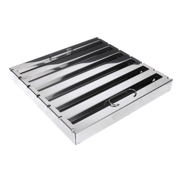 A stainless steel grease filter with a slotted design and handles, typically used in commercial kitchen ventilation systems.