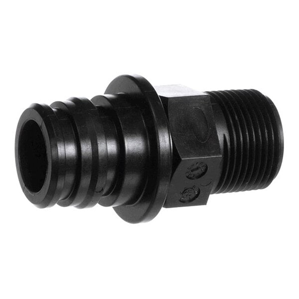 A black plastic 3/4 NPTF male connector with a barbed end for hose attachment.