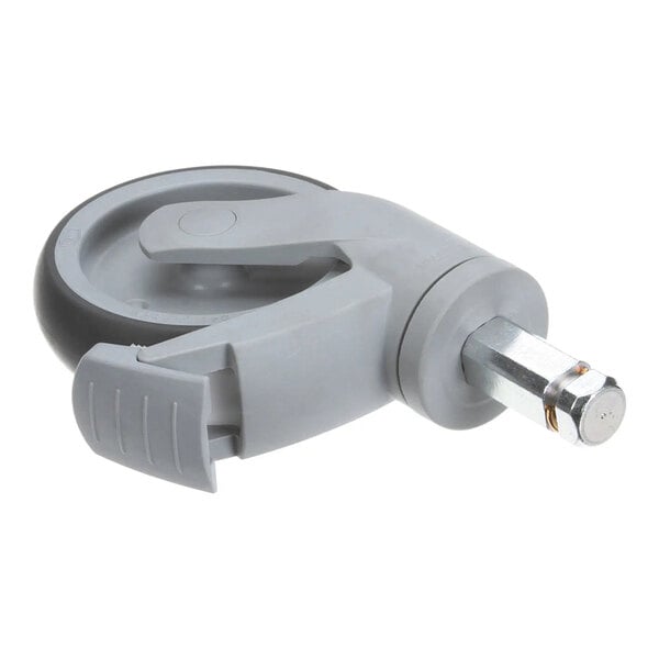 A gray Cambro CPMCWB caster wheel with a metal stem and brake.