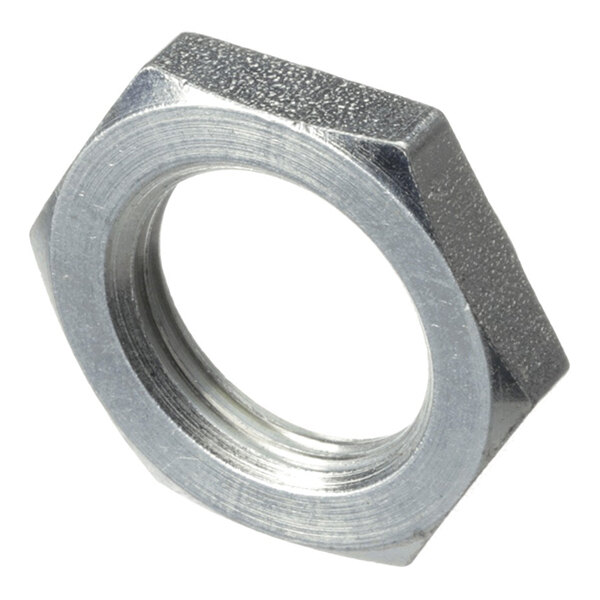A metal hexagonal lower shaft nut with internal threading.