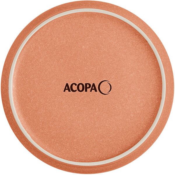 A round, terra cotta-colored plate with a matte finish and the word 'ACOPA' printed in the center.