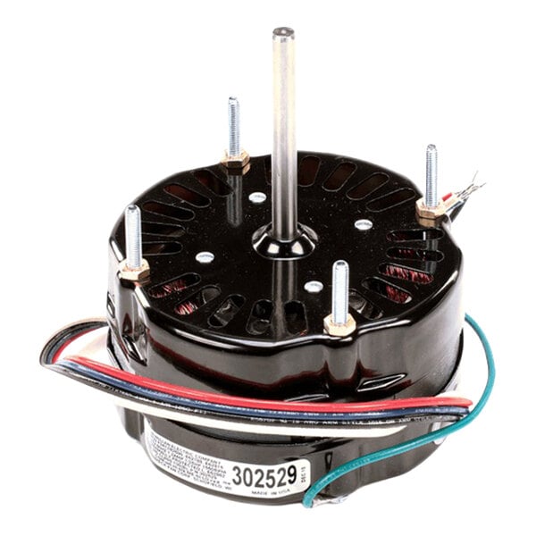 A black electric motor with a central shaft and attached colored wires.