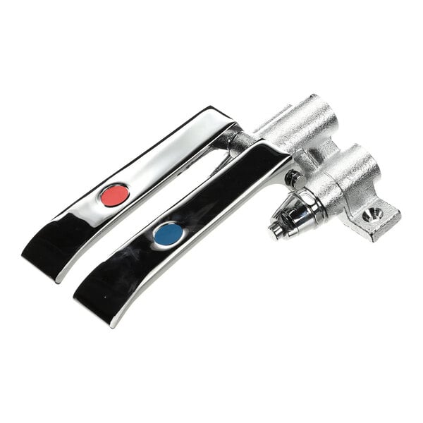 A double knee pedal valve with chrome handles, one marked with a red dot and the other with a blue dot, used for hands-free water control.