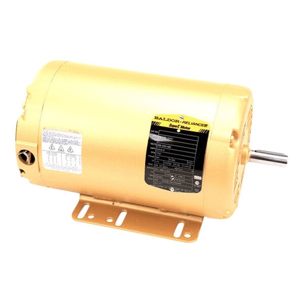 A gold-colored industrial electric motor with a mounting base and a protruding shaft.