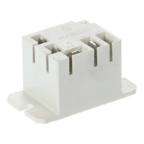A white 30-amp panel mount relay for electrical applications.