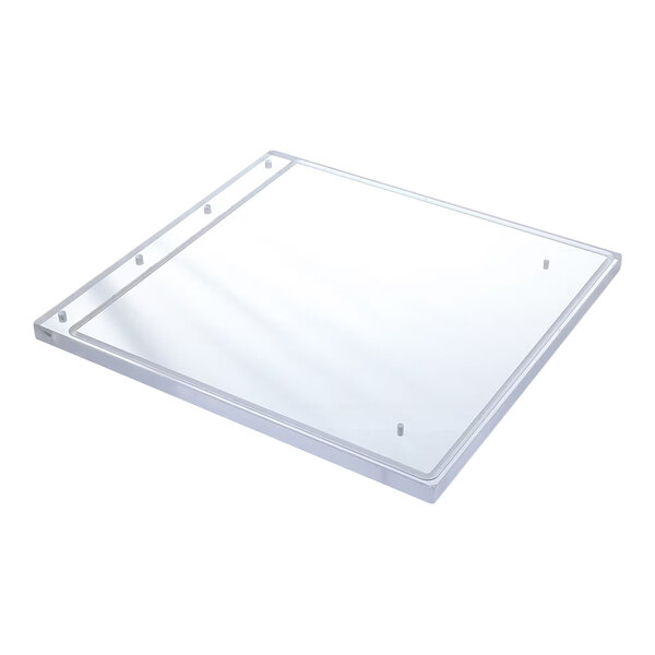 A clear, square plexiglass lid with small pegs on its surface.